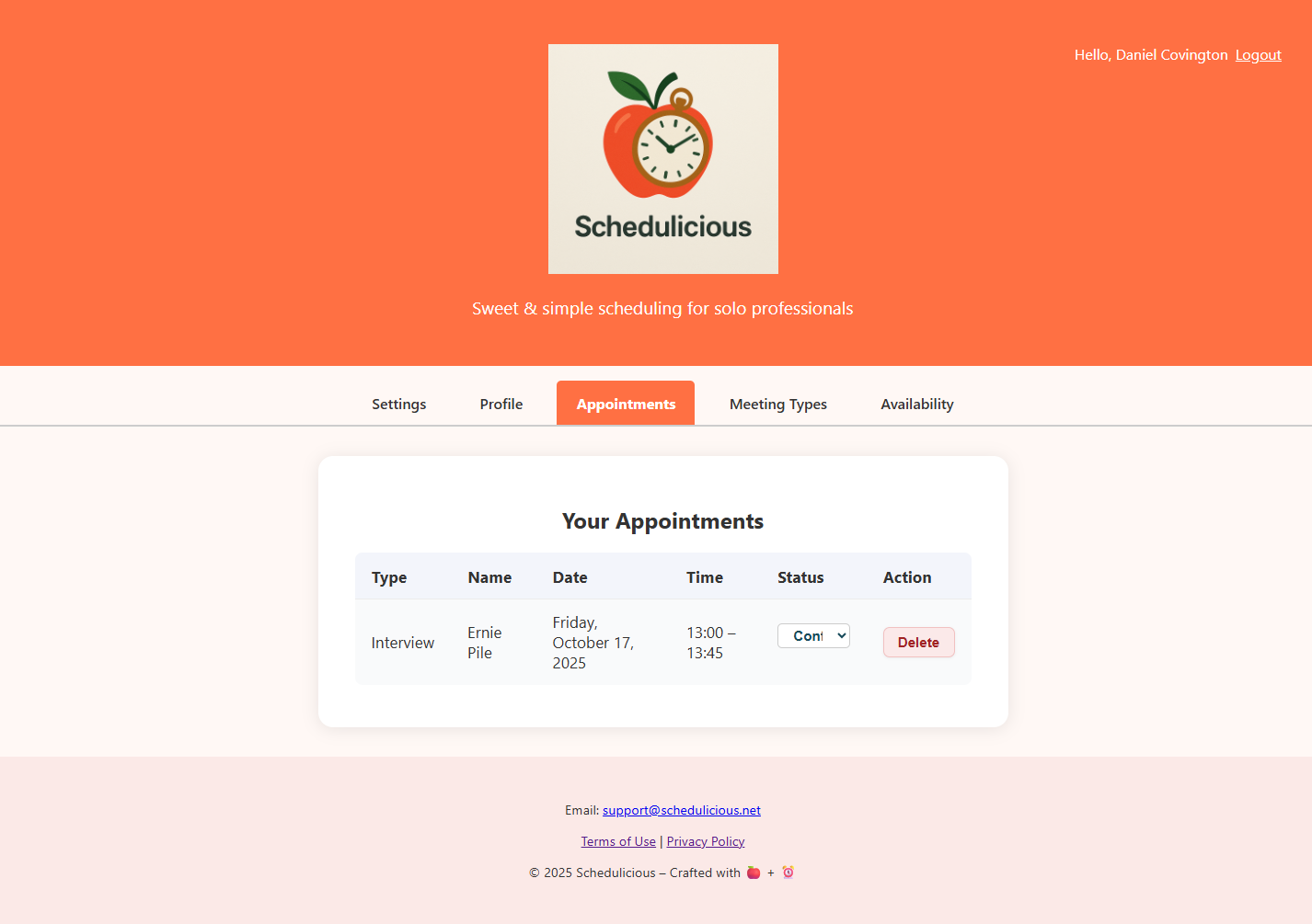 Dashboard showing upcoming and past appointments